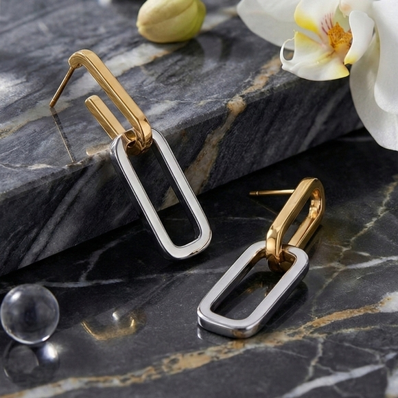 Minimalist Chic Two Tone C Hoop Earrings 18K Gold Plated Stainless Steel - Picture 6 of 14